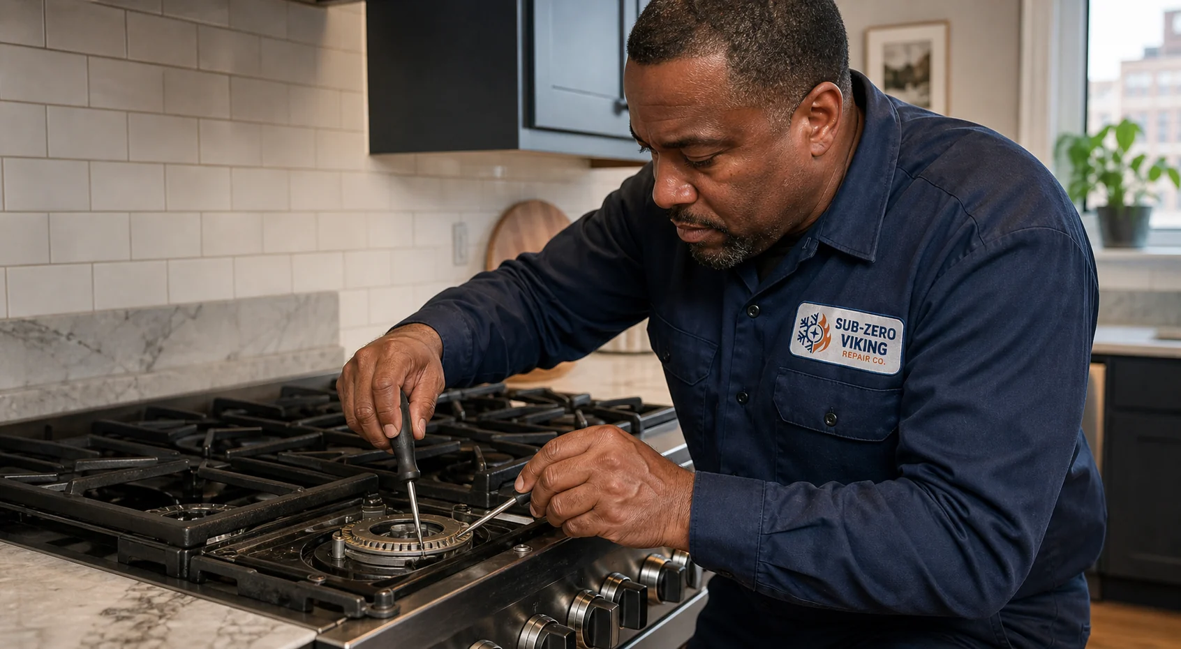 Technician inspecting a premium gas range